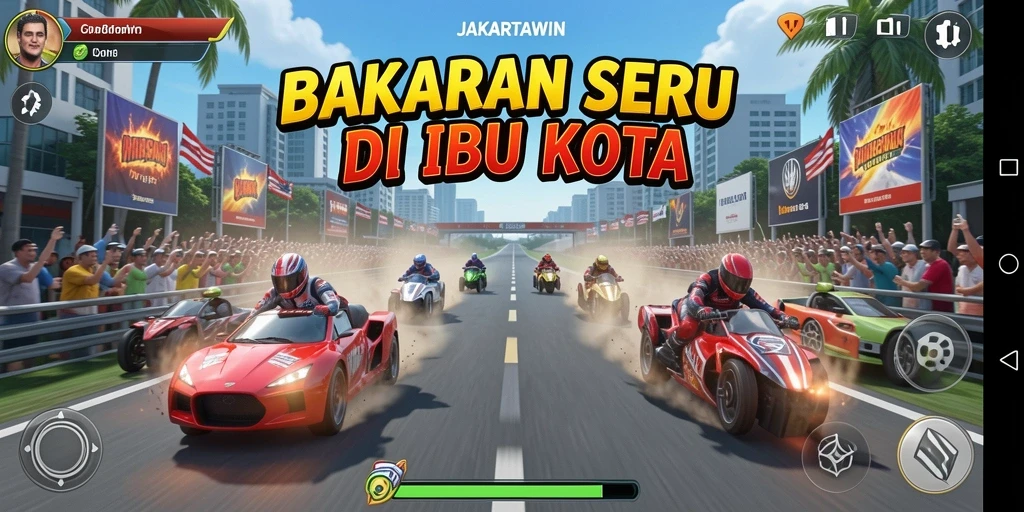 Screenshot gameplay JAKARTAWIN menampilkan balapan seru di jalanan Jakarta.