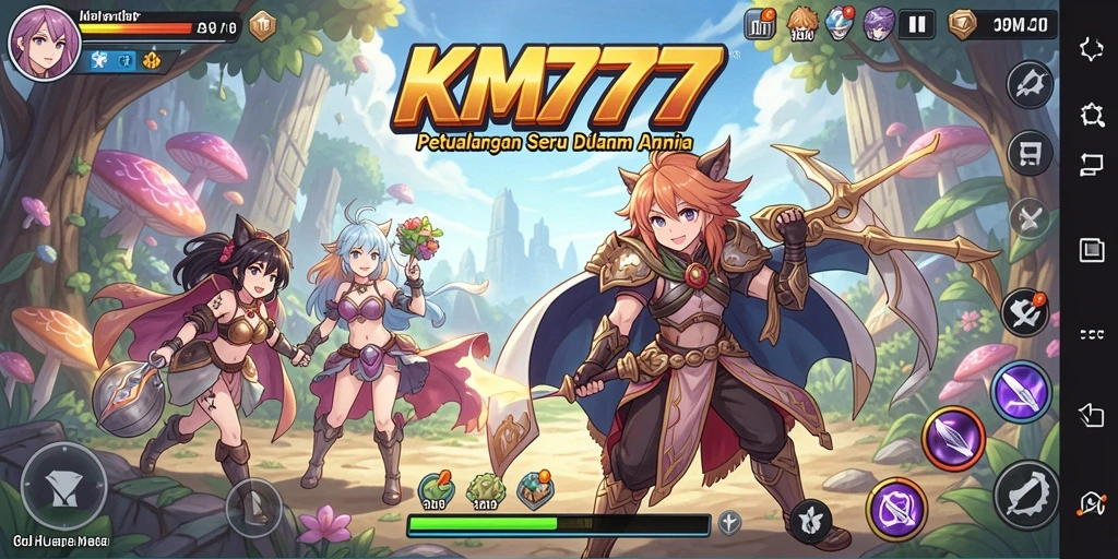 Screenshot utama KM777 menampilkan pertarungan karakter anime yang menarik.