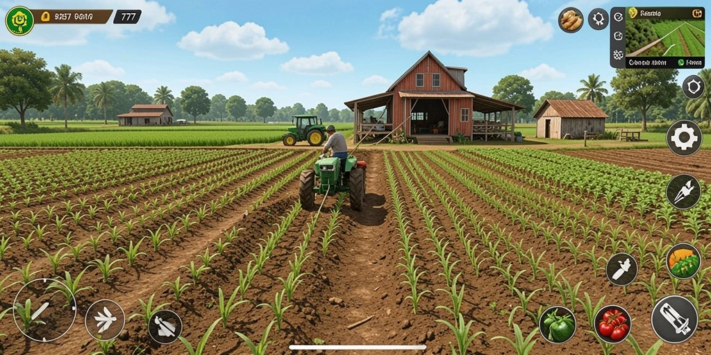 Tampilan gameplay L777 dengan kebun yang subur dan hewan ternak yang menggemaskan.