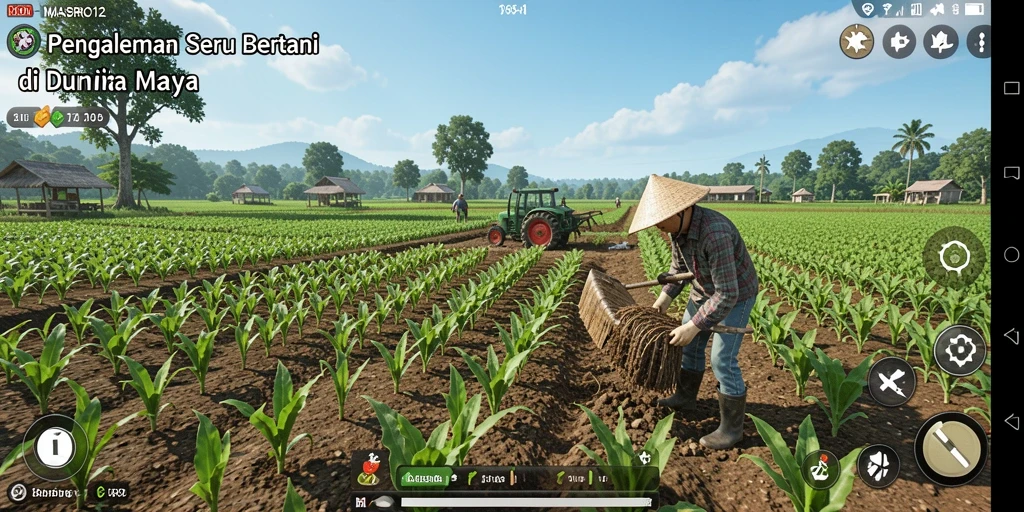 Screenshot gameplay <strong>MASBRO12</strong> menunjukkan aktivitas bercocok tanam yang seru dan interaksi dengan hewan ternak.