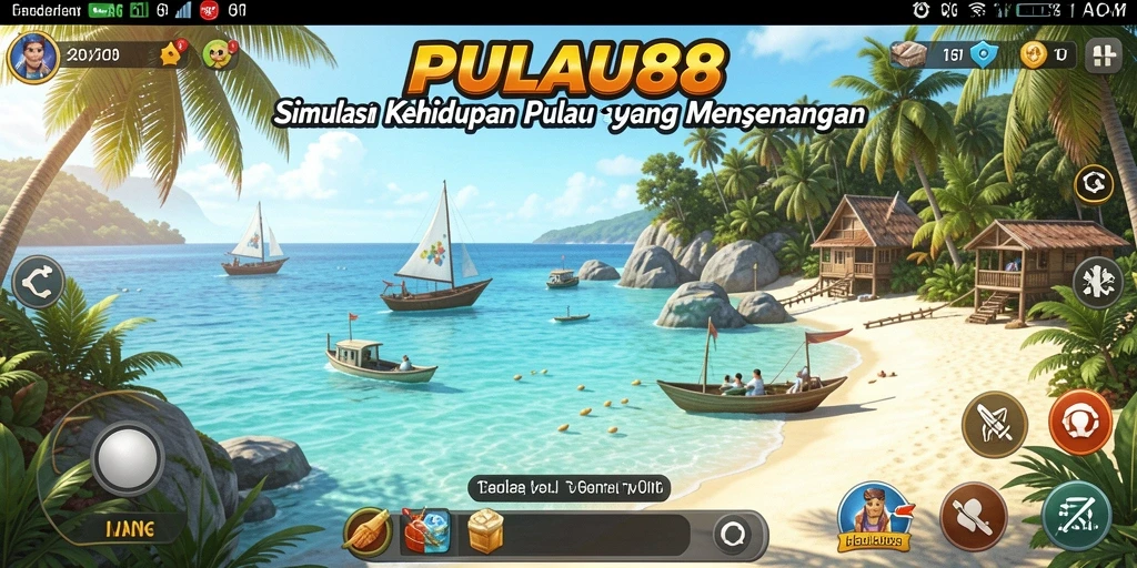 Tampilan gameplay <strong>PULAU88</strong> dengan lingkungan pulau yang indah dan interaksi pemain.