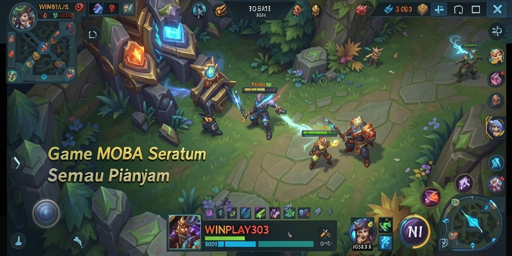 Screenshot menunjukkan pertempuran epik dalam gameplay MOBA.